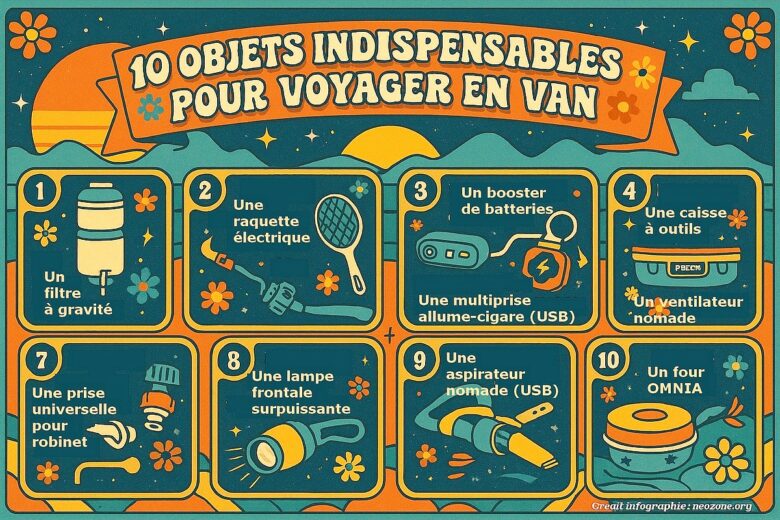 Infographie : les 10 indispensables pour un voyage réussi en van aménagé.