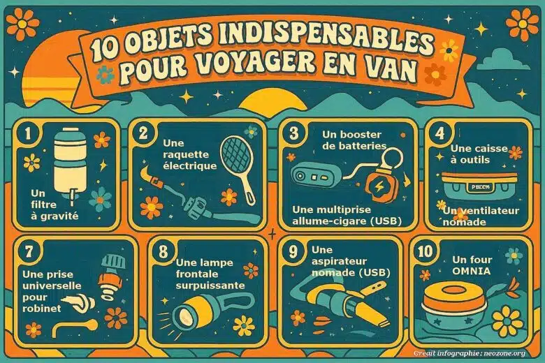 Infographie : les 10 indispensables pour un voyage réussi en van aménagé.