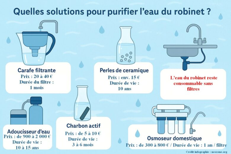 Infographie : quelles solutions pour purifier l'eau du robinet ?