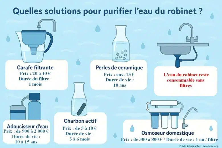 Infographie : quelles solutions pour purifier l'eau du robinet ?