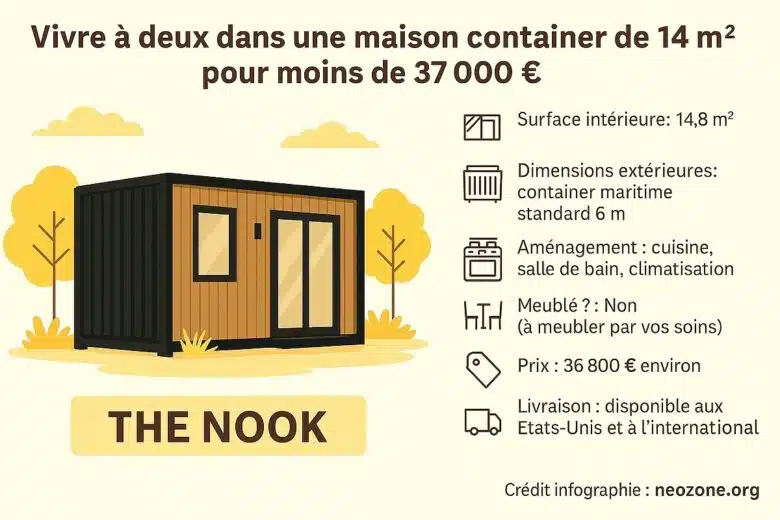 Infographie : The Nook, la maison conteneur à moins de 40 000 €.