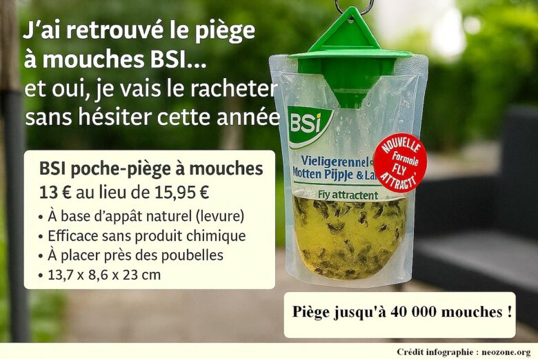 Infographie : le piège à mouches BSI, redoutablement efficace pour un été tranquille.