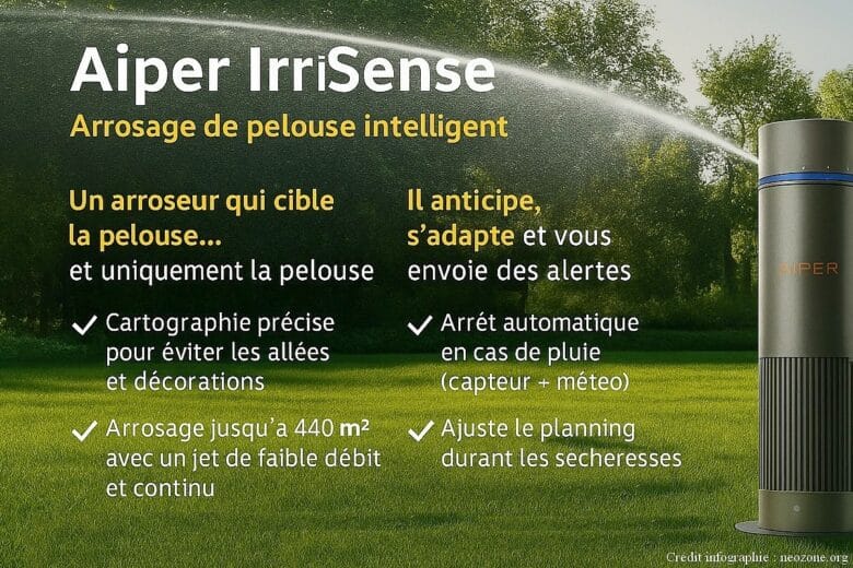 Infographie : Aiper Irrisense, l'arroseur qui s'occupe intelligement et sans gaspillage de votre gazon.