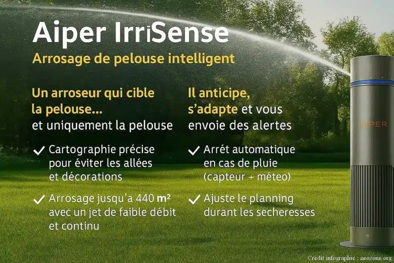 Infographie : Aiper Irrisense, l'arroseur qui s'occupe intelligement et sans gaspillage de votre gazon.