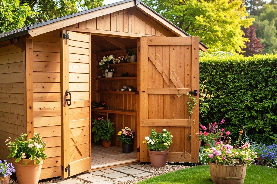Un abri de jardin en bois.