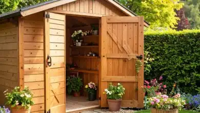 Un abri de jardin en bois.