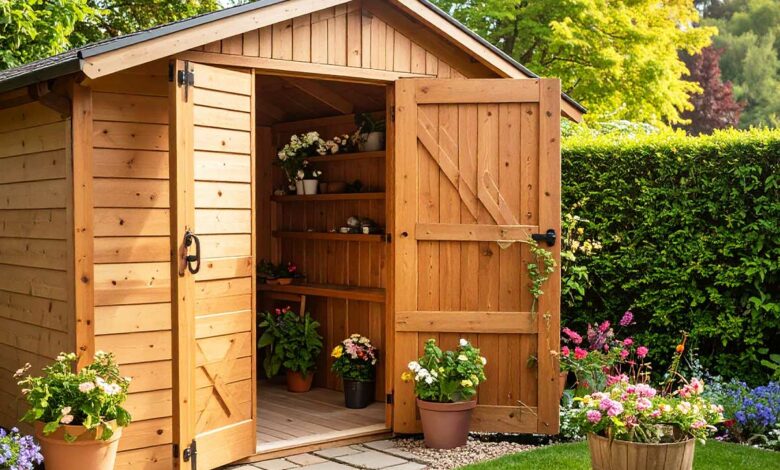 Un abri de jardin en bois.