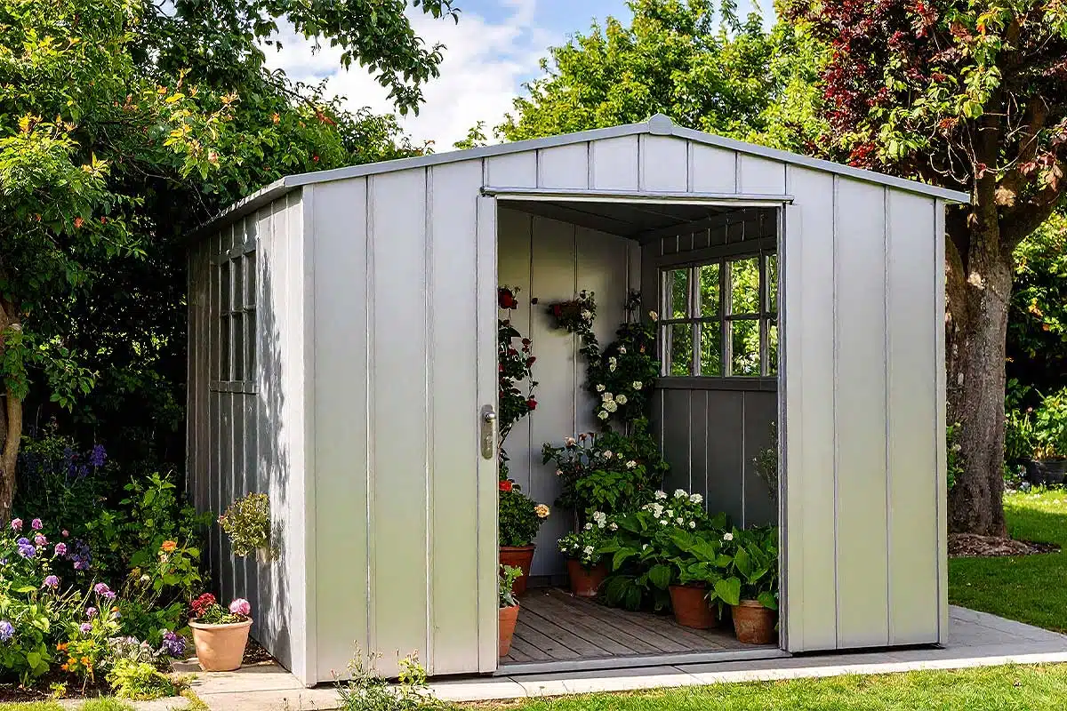 Un abri de jardin en métal.