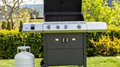 Un barbecue à gaz dans le jardin.