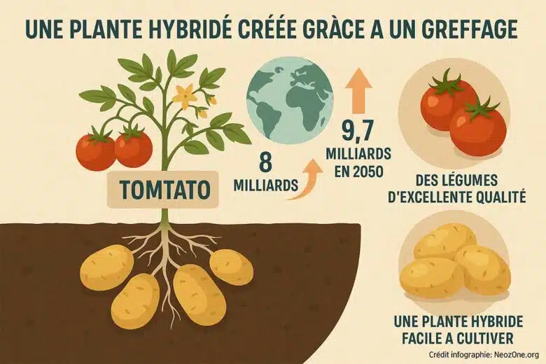 Infographie : une plante hybride qui produit à la fois des tomates et des pommes de terre pour palier à la demande croissante de nourriture.