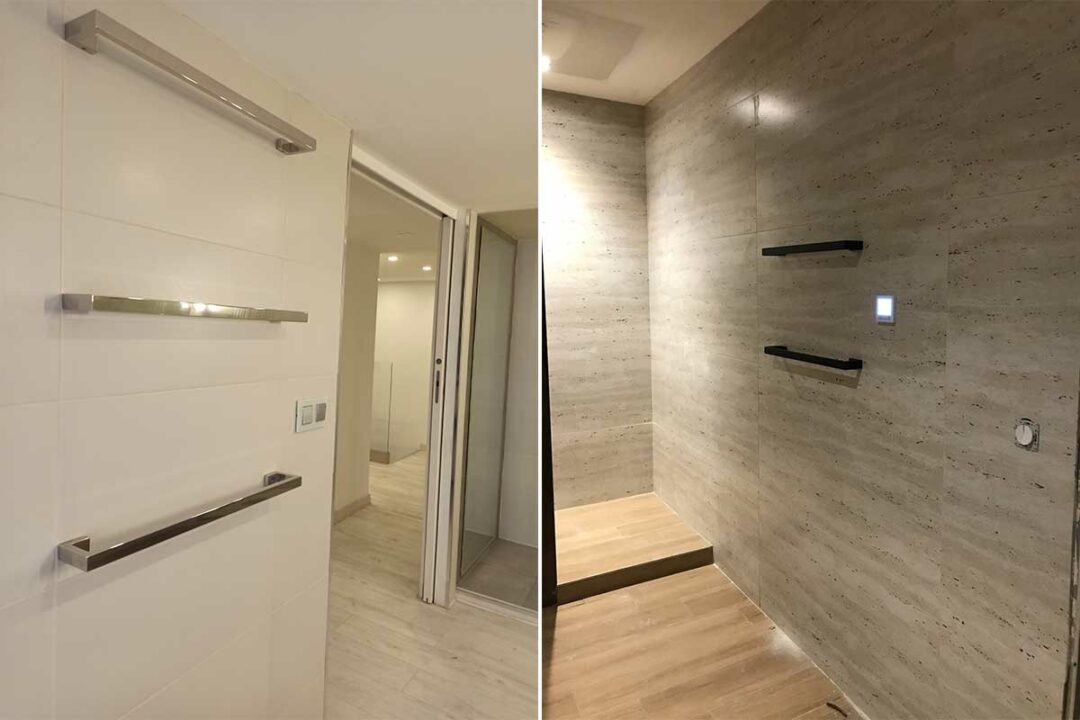 Deux salles de bains avec le sèche serviette Myluxeo encastrable.