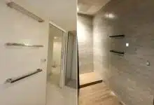 Deux salles de bains avec le sèche serviette Myluxeo encastrable.