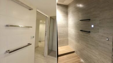 Deux salles de bains avec le sèche serviette Myluxeo encastrable.