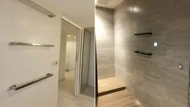 Deux salles de bains avec le sèche serviette Myluxeo encastrable.