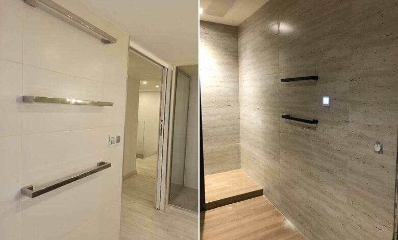 Deux salles de bains avec le sèche serviette Myluxeo encastrable.