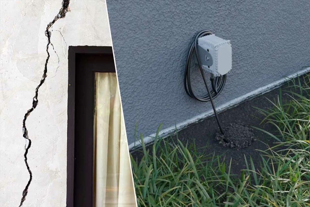 Un mur fissuré et un capteur de sonde Feelbat.