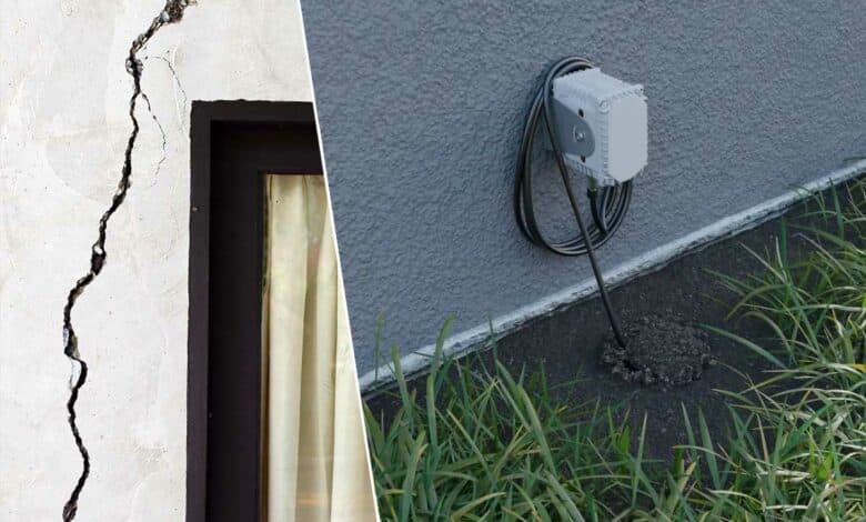 Un mur fissuré et un capteur de sonde Feelbat.