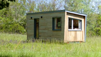 Une tiny house au milieu d'un pré.