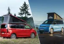 Deux vans aménagés, le Ford Nugget et le Volkswagen California.