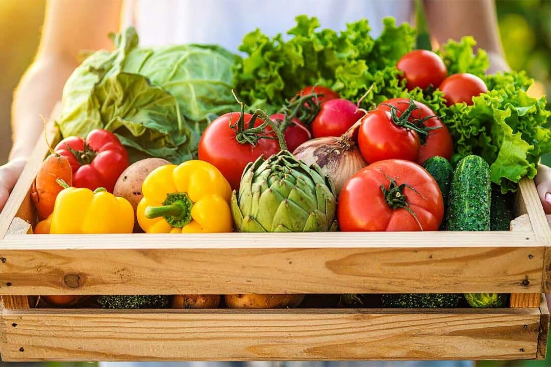 Une femme tient une cagette de légumes.