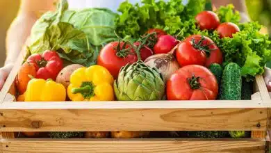 Une femme tient une cagette de légumes.