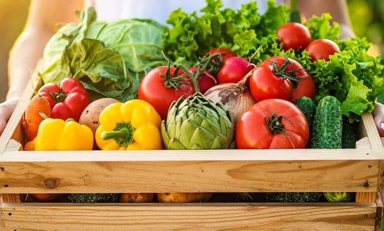 Une femme tient une cagette de légumes.