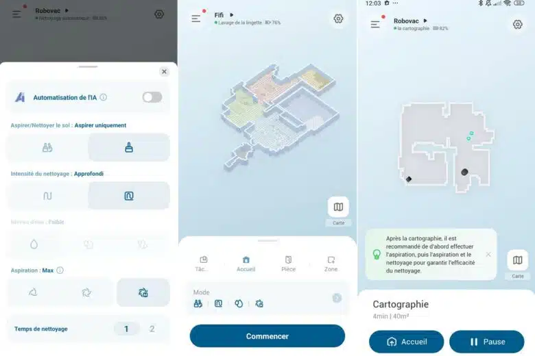 Application eufy Clean associée au E28 Omni : gestion des cartes, zones interdites, niveaux d’eau… tout est personnalisable.
