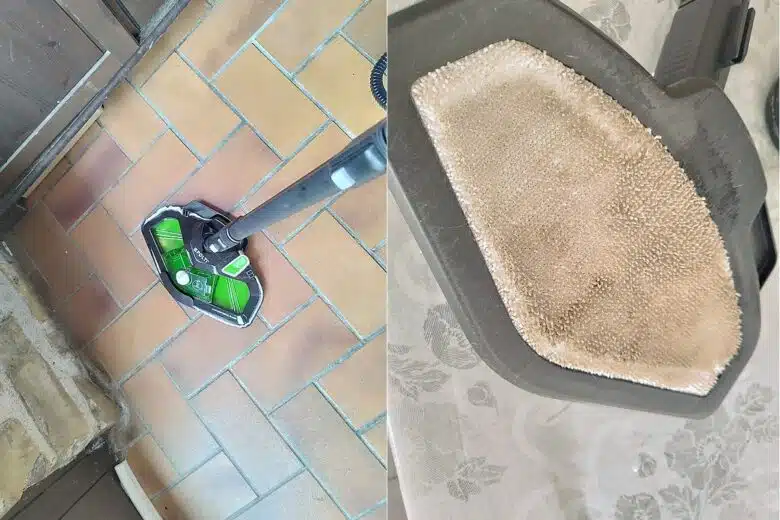 Un sol impeccable et une serpillère bien remplie après un passage du Polti Vaporetto Smart110 Eco sur carrelage.