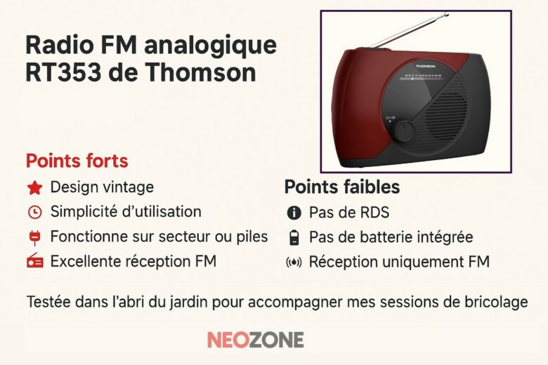 Infographie NeozOne : les points forts et faibles de la radio FM RT353 de Thomson, testée en situation réelle dans le jardin.