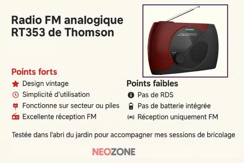 Infographie NeozOne : les points forts et faibles de la radio FM RT353 de Thomson, testée en situation réelle dans le jardin.