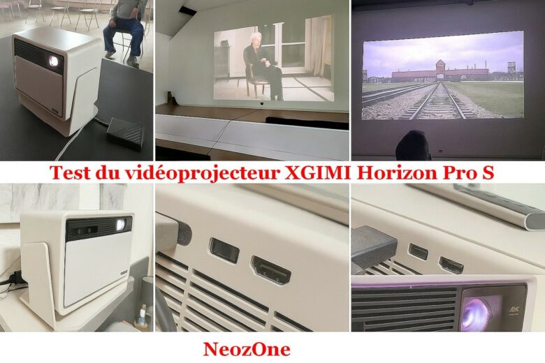 Montage photo du test en conditions réelles du vidéoprojecteur XGIMI Horizon Pro S, réalisé lors d'une projection publique dans une salle communale.