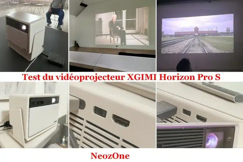 Montage photo du test en conditions réelles du vidéoprojecteur XGIMI Horizon Pro S, réalisé lors d'une projection publique dans une salle communale.