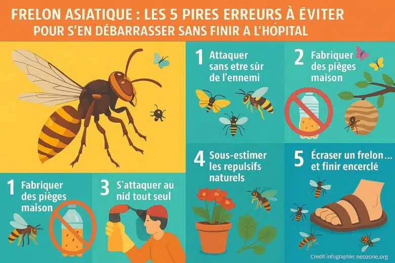 Infographie : les 5 erreurs à éviter contre les frelons asiatiques.