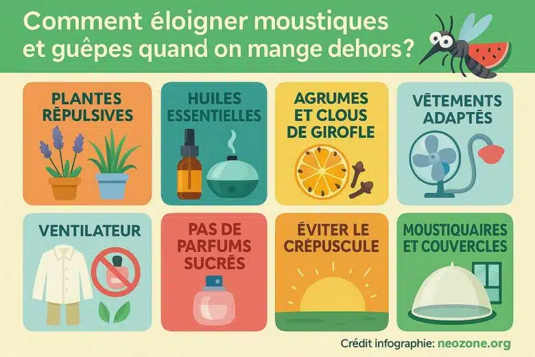 Infographie : trucs et astuces pour éloigner les moustiques et les guêpes de votre terrasse.