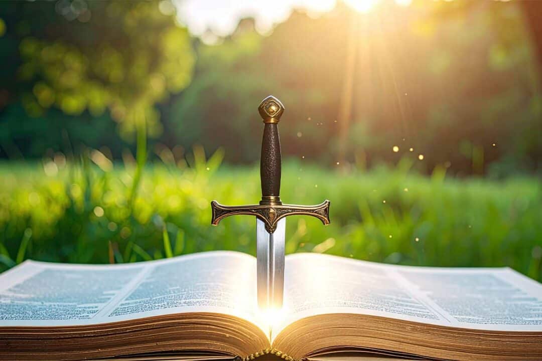 Une épée sort d'un livre.