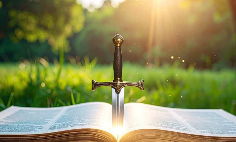 Une épée sort d'un livre.