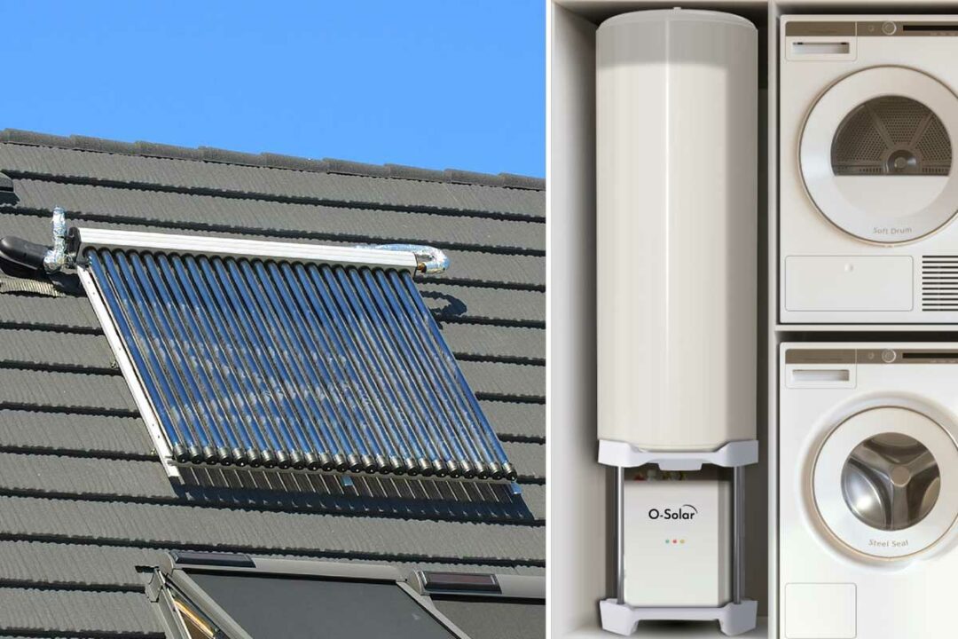 O-Solar propose un kit complet pour l'eau chaude sanitaire comprenant un ballon d'eau chaude de 200 L et une station solaire de 1500 W.