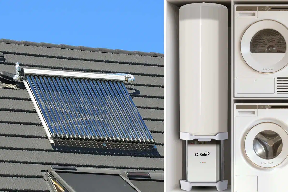 O-Solar propose un kit complet pour l'eau chaude sanitaire comprenant un ballon d'eau chaude de 200 L et une station solaire de 1500 W.