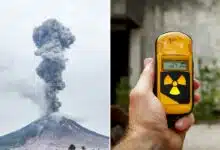 Un volcan crache une gerbe de cendre et un compteur de radiations.