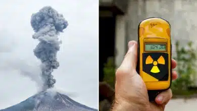 Un volcan crache une gerbe de cendre et un compteur de radiations.