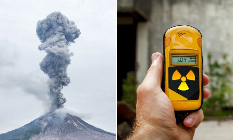 Un volcan crache une gerbe de cendre et un compteur de radiations.