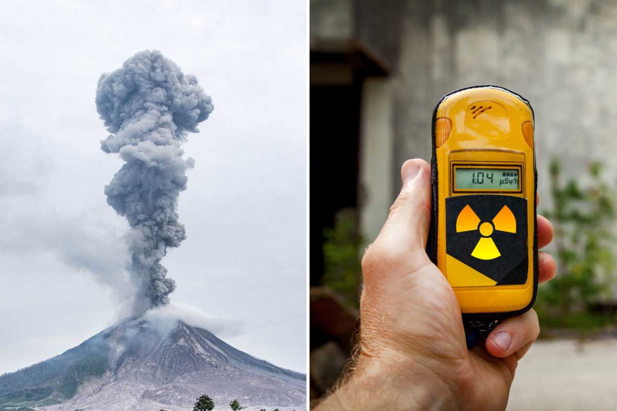 Un volcan crache une gerbe de cendre et un compteur de radiations.