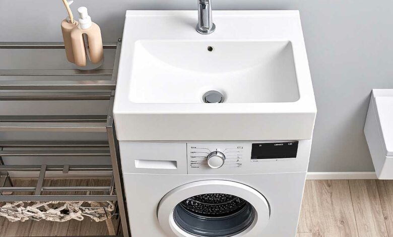 Un lavabo qui s'intègre parfaitement sur un lave-linge, idéal pour les petites salles de bains.