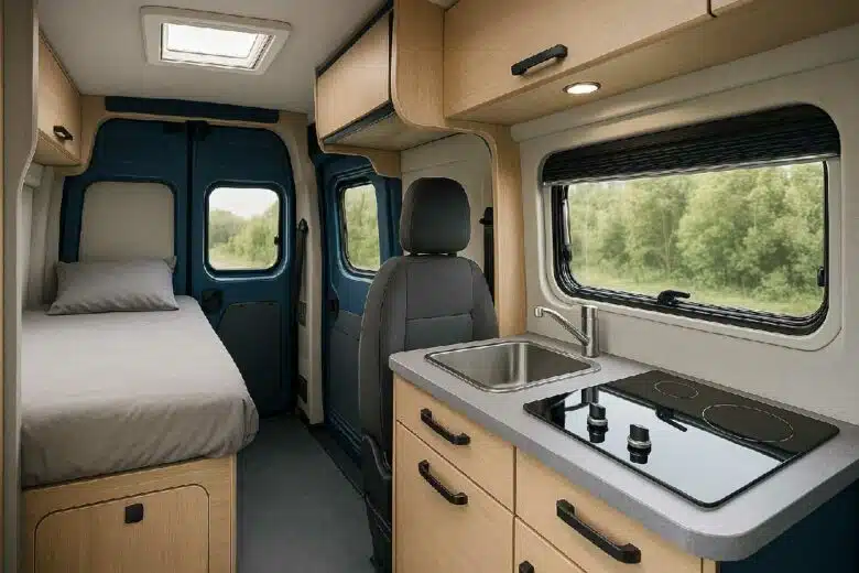 Intérieur d'un van aménagé.