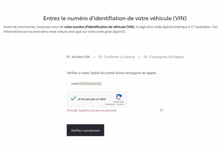 Contrôle pour m'assurer que mon véhicule n'est pas concerné sur le site du constructeur Toyota (chaque constructeur a ce système de vérification).