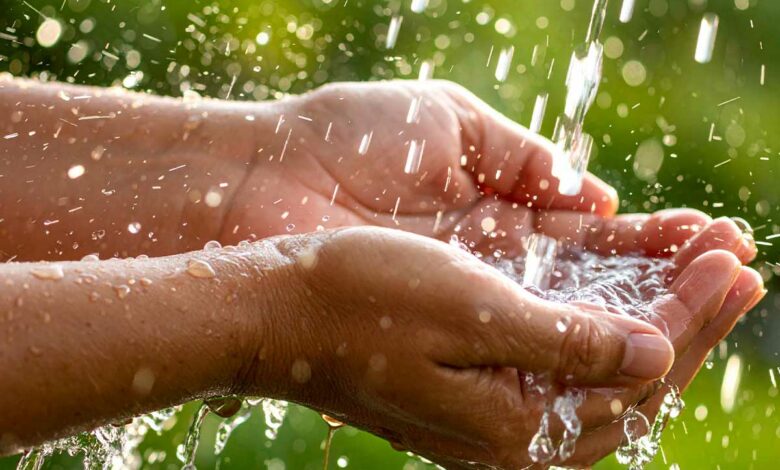 Des mains qui récupèrent de l'eau de pluie.