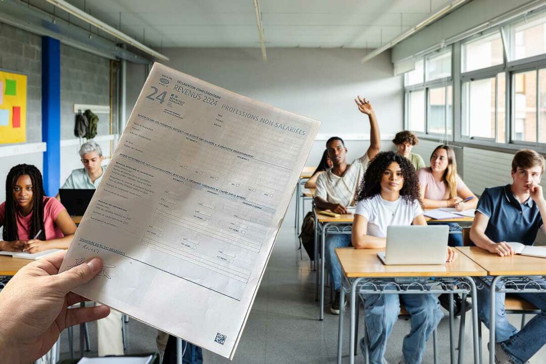 Une feuille d'impôts et une salle de cours avec des élèves.