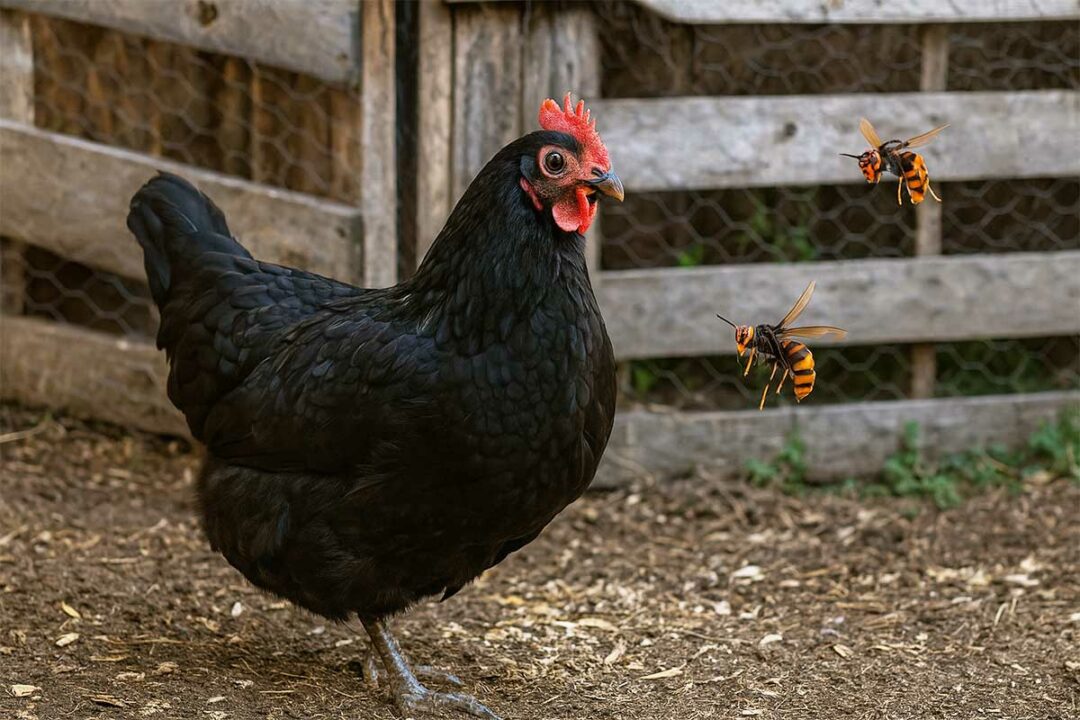 Une poule de Janzé et des frelons asiatiques.