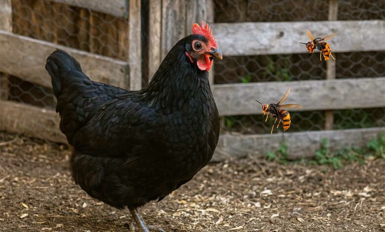Une poule de Janzé et des frelons asiatiques.