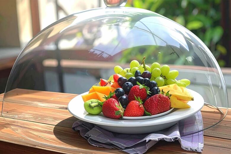 Une cloche alimentaire pour protéger la coupe de fruits des insectes.